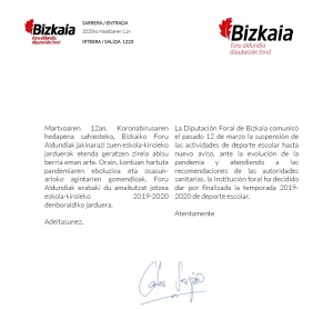 COMUNICADO DE LA FVF Y DIPUTACION DE BIZKAIA EN RELACIÓN CON LAS COMPETICIONES DE DEPORTE FEDERADO Y ESCOLAR